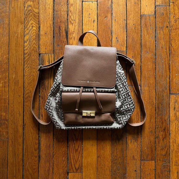 Tommy Hilfiger Women Brown Tan Cream Gold TH Logo Satchel Bag Mini‎ Backpack - Picture 1 of 7